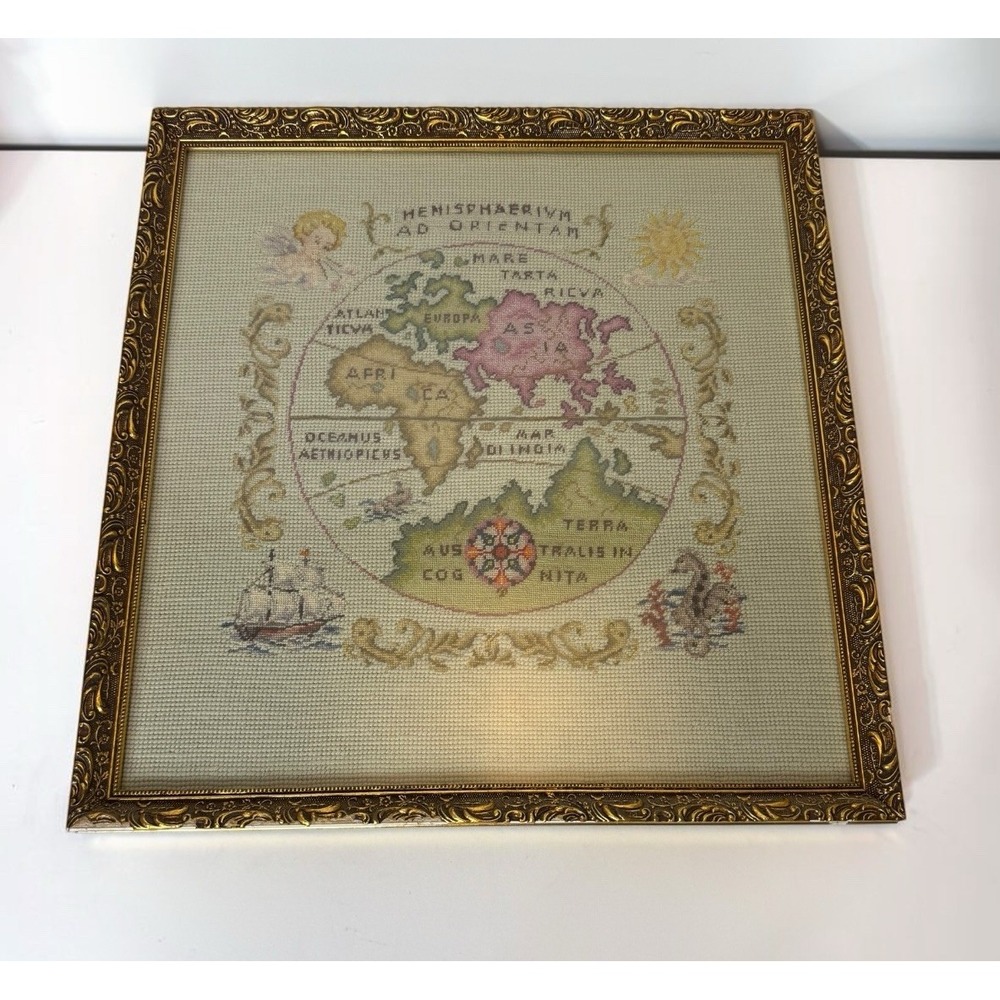 Vintage Framed Large Completed Needlepoint Oriental Hemisphere